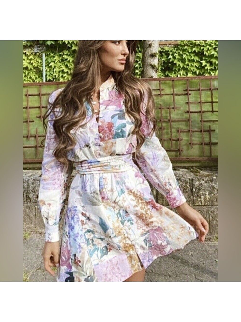 Zara Linen Blend Floral Print Belted Button Front Long Sleeve Mini Dress - Picture 8 of 16
